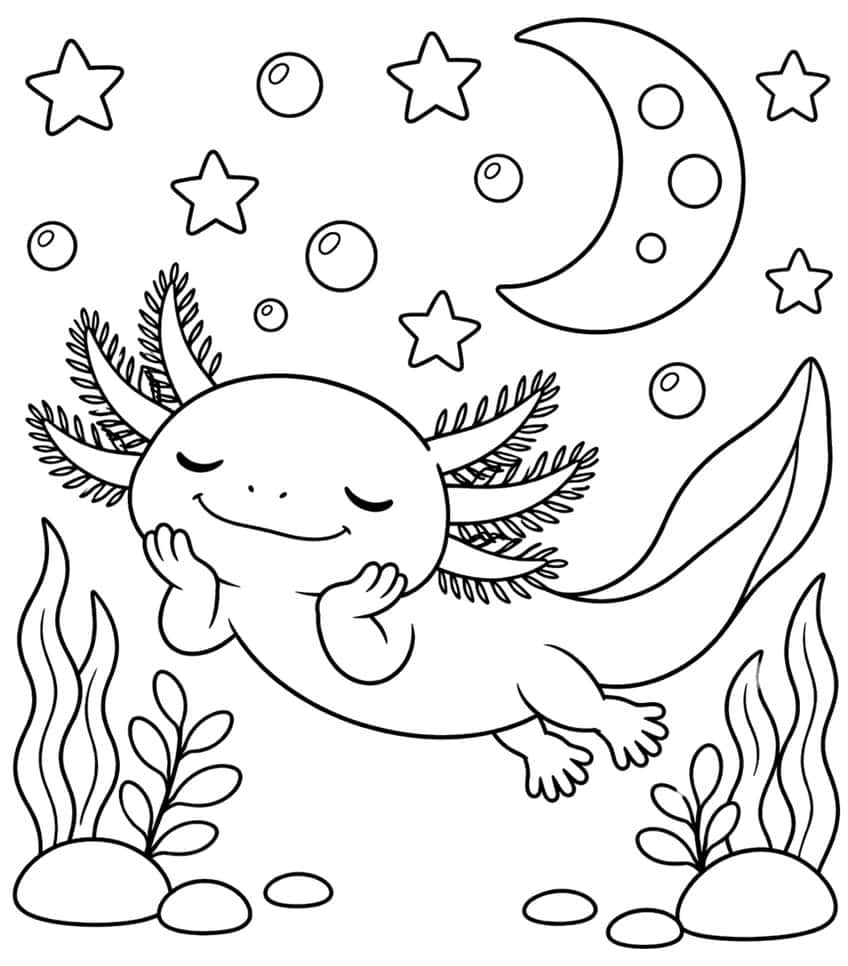 kawaii axolotl coloring page with a crescent moon and stars