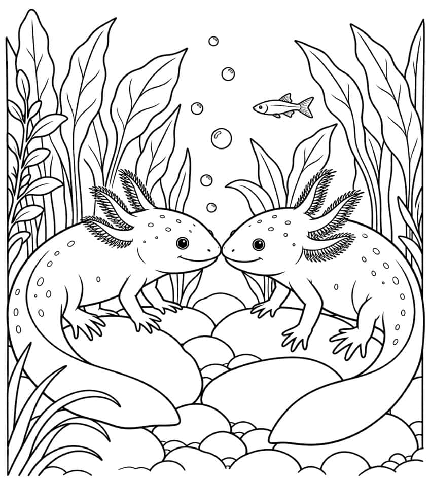 axolotl coloring page with two axolotls facing each other nose to nose