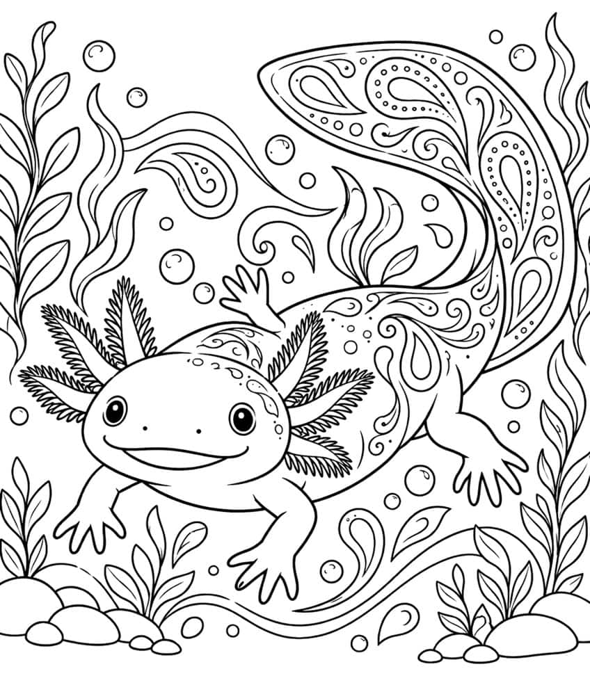 axolotl coloring page with paisley patterns on the tail and back