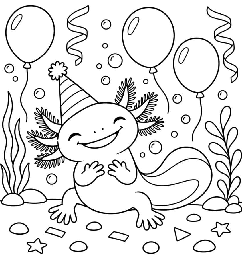 kawaii axolotl coloring page with balloons, confetti and a party hat