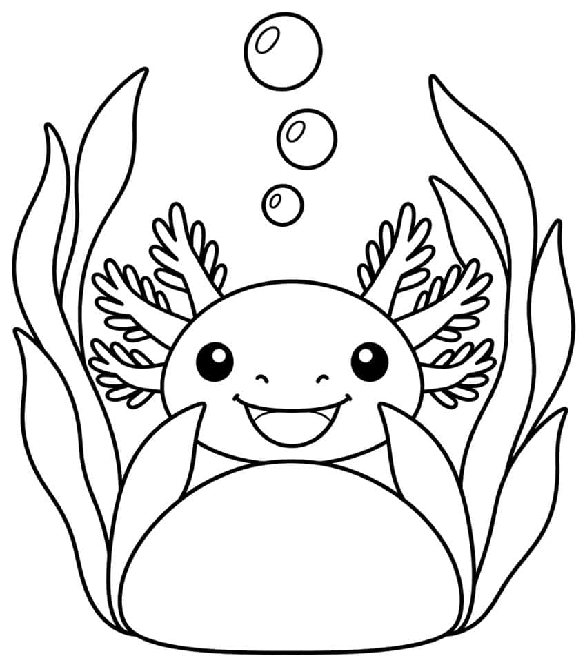 axolotl coloring page with an axolotl face peeking between tall reeds