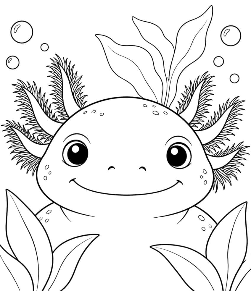 axolotl coloring page with a large close-up portrait of an axolotl head