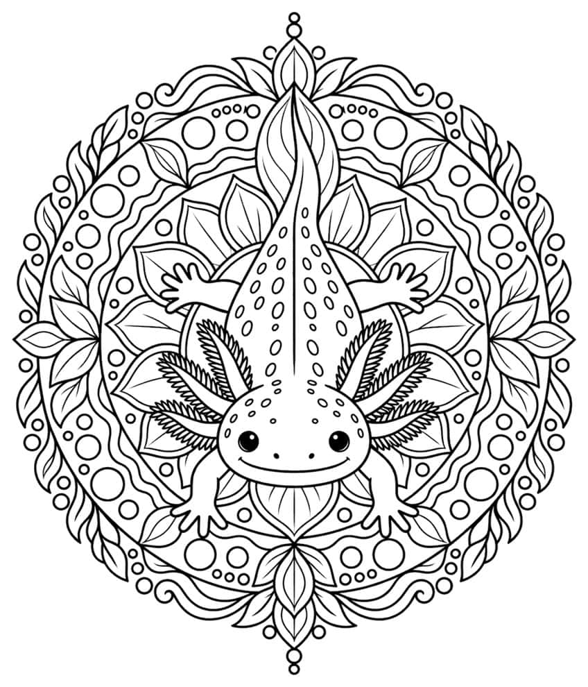 axolotl mandala coloring page with radial patterns around an axolotl