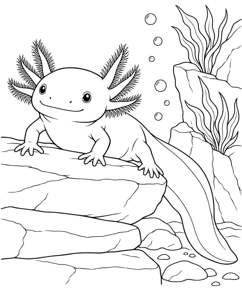 axolotl coloring page with an axolotl sitting on a rock ledge