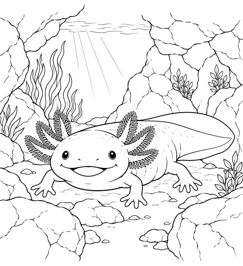 axolotl coloring page with an axolotl inside a rocky underwater cave