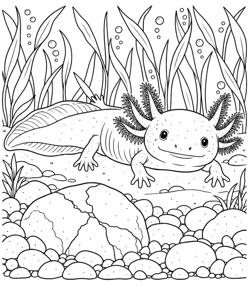 axolotl coloring page with an axolotl resting on a sandbank in front of pebbles