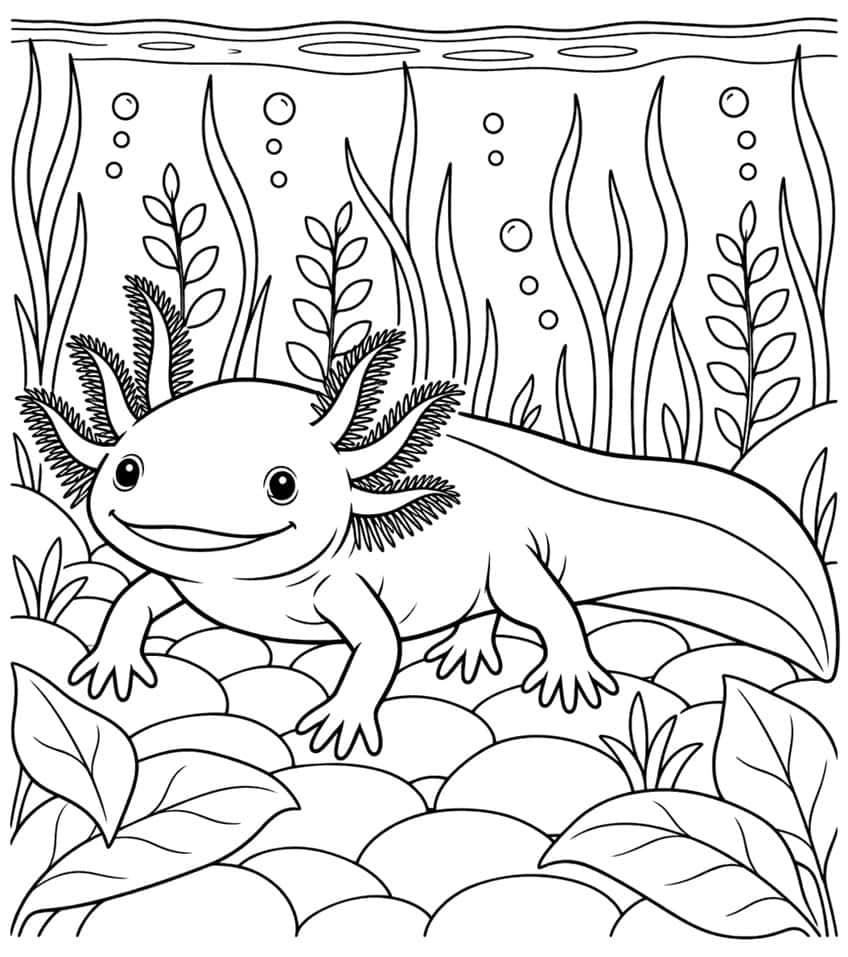 axolotl coloring page with a smiling axolotl standing on pebbles among water plants