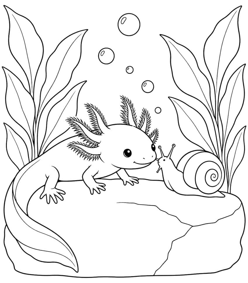 axolotl coloring page with a baby axolotl and a water snail on a stone