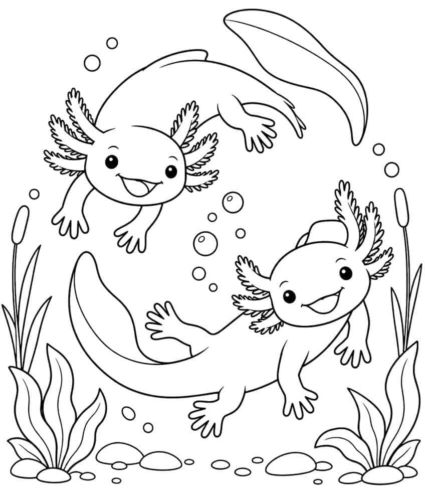 axolotl coloring page with two axolotls swimming in a spiral