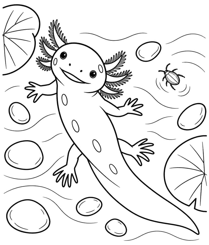 axolotl coloring page showing an axolotl from above between lily pads