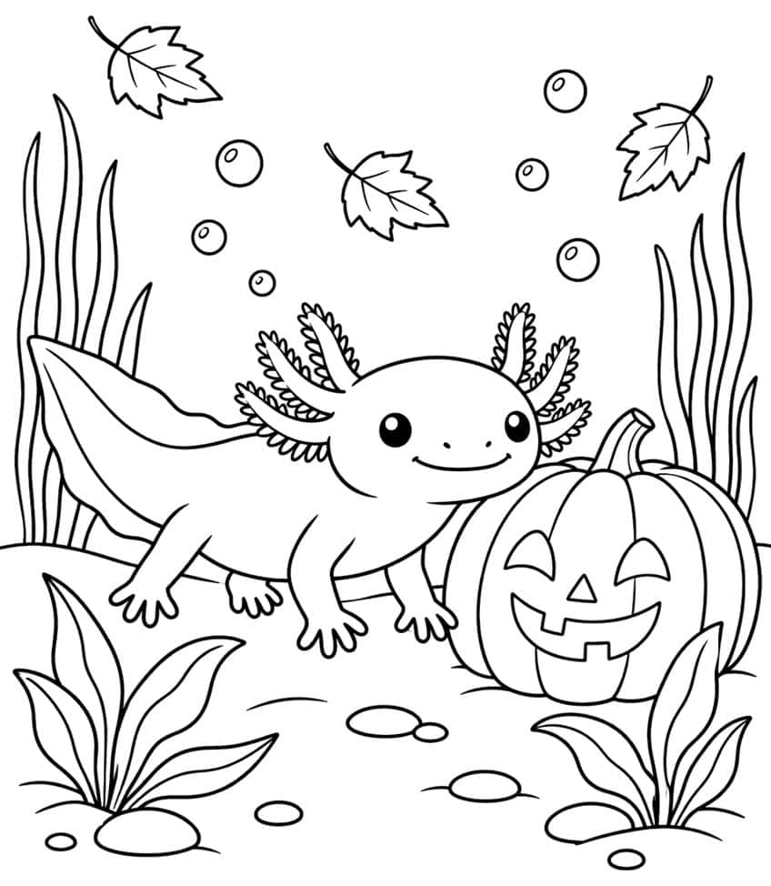 axolotl coloring page with an axolotl beside a sunken carved pumpkin