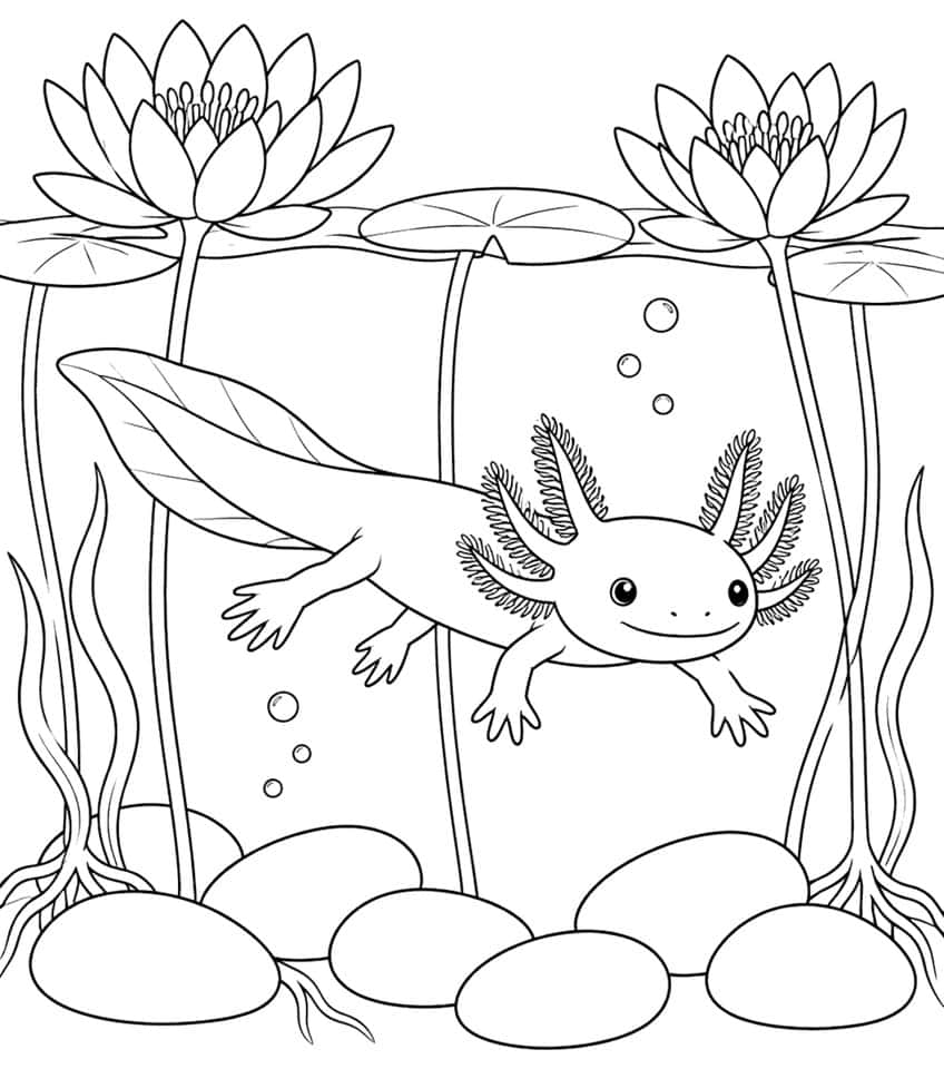 axolotl coloring page with an axolotl among water lily stems