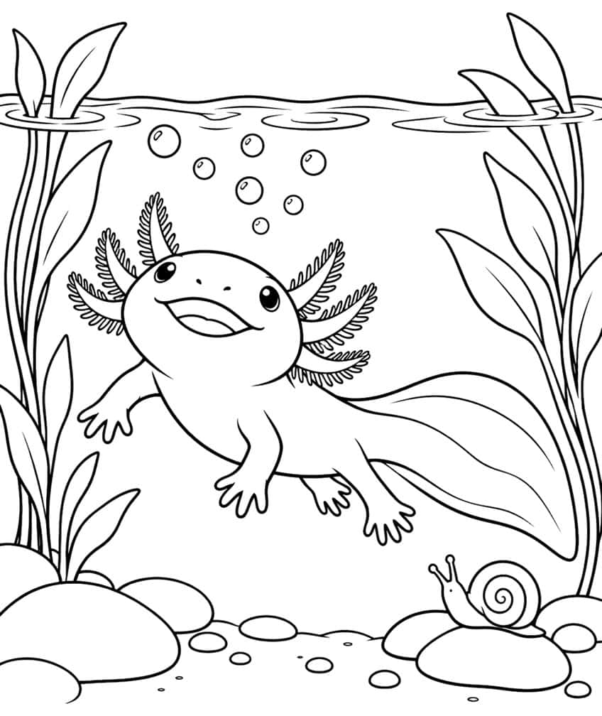 axolotl coloring page with an axolotl swimming just below the water surface