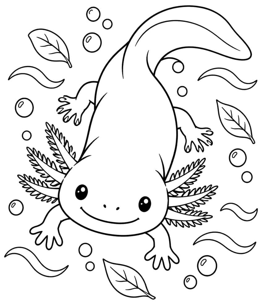 axolotl coloring page with stylised waves and bubbles around an axolotl