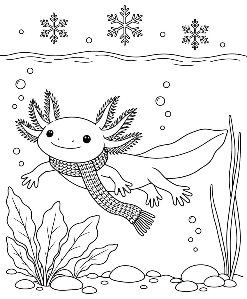 axolotl coloring page with an axolotl wearing a knitted scarf