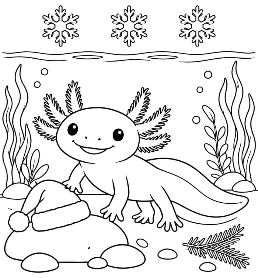 axolotl coloring page with snowflakes above the water and a santa hat