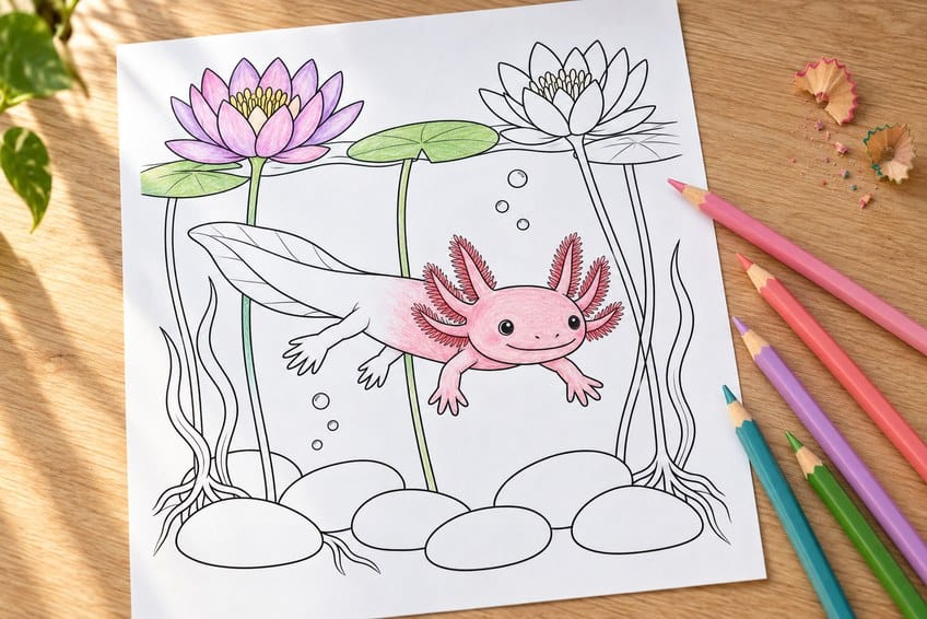axolotl coloring page partly colored in with pencils on a desk