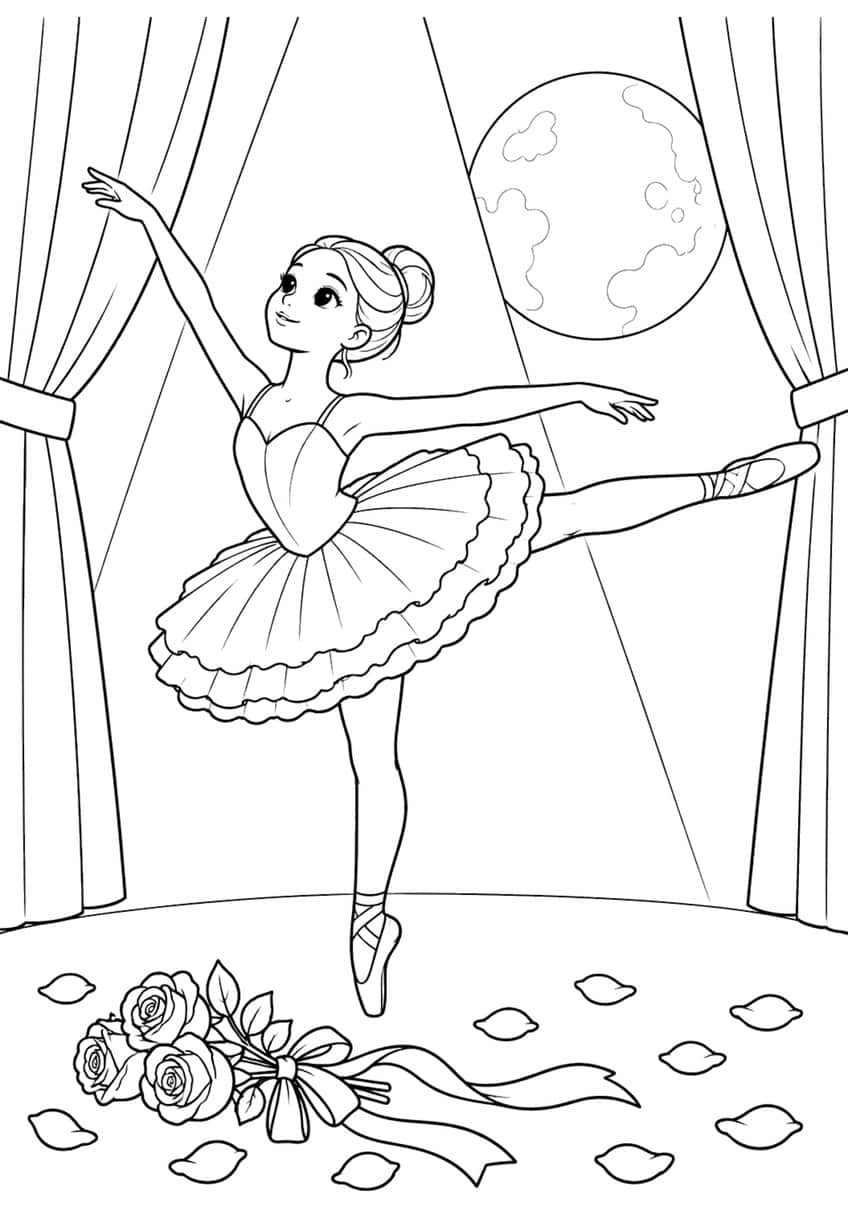 Ballerina in arabesque with tutu, moon, stage curtains, rose bouquet and petals
