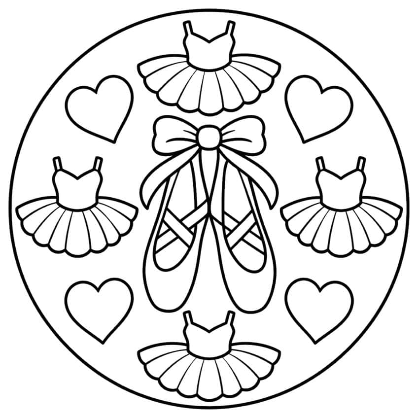 Round mandala with ballet slippers and a bow, four tutu dresses and four hearts