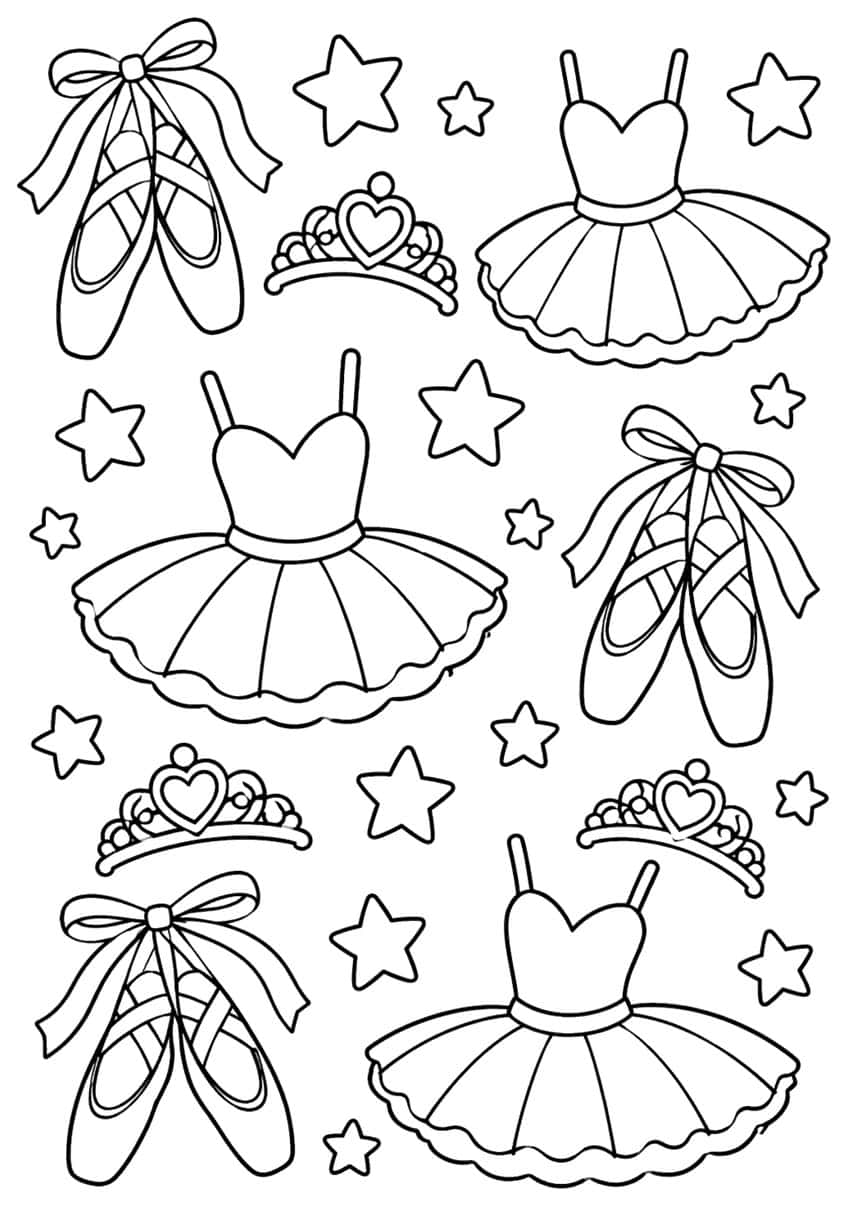 Tutu dresses, pointe slippers with bows, heart tiaras and stars in a scattered ballet pattern
