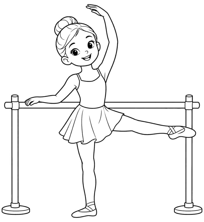 Smiling ballerina with a bun holding a barre, one arm raised and one leg extended sideways
