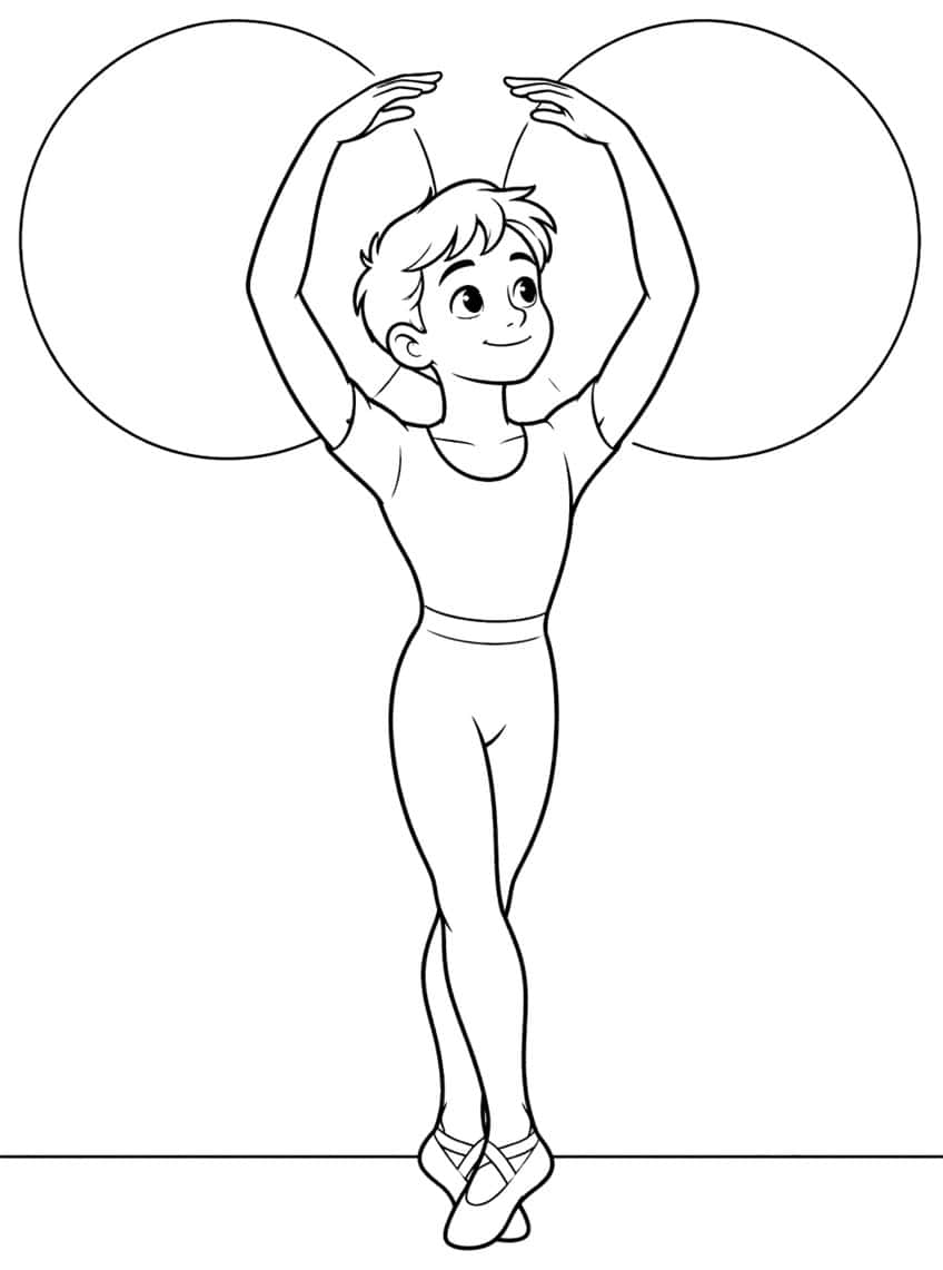 Boy ballet dancer with arms raised overhead, crossed feet in ballet slippers, two large circles behind him