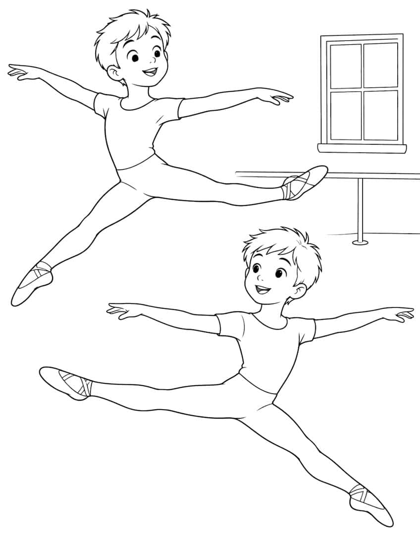 Two boys in leotards doing split leaps in a ballet studio with a window and barre