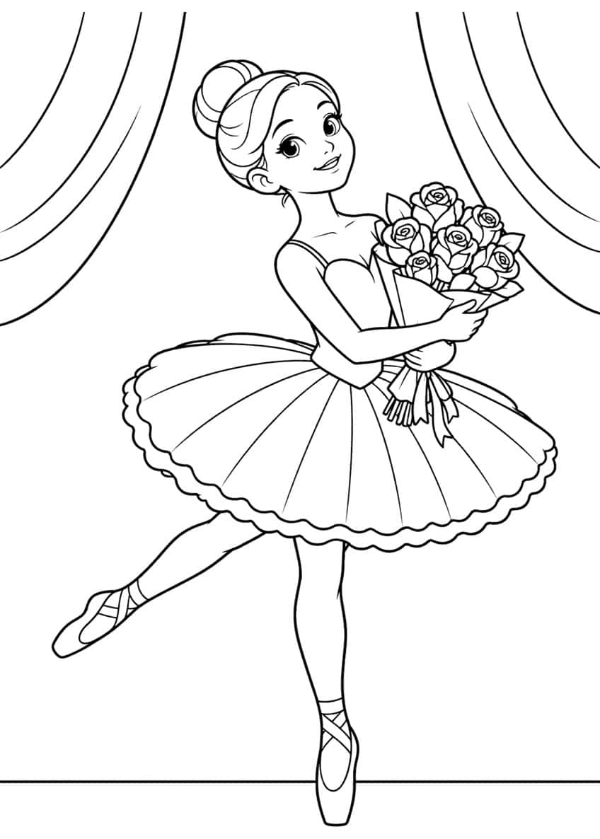 Smiling ballerina on pointe holding a rose bouquet in a scalloped tutu in front of stage curtains