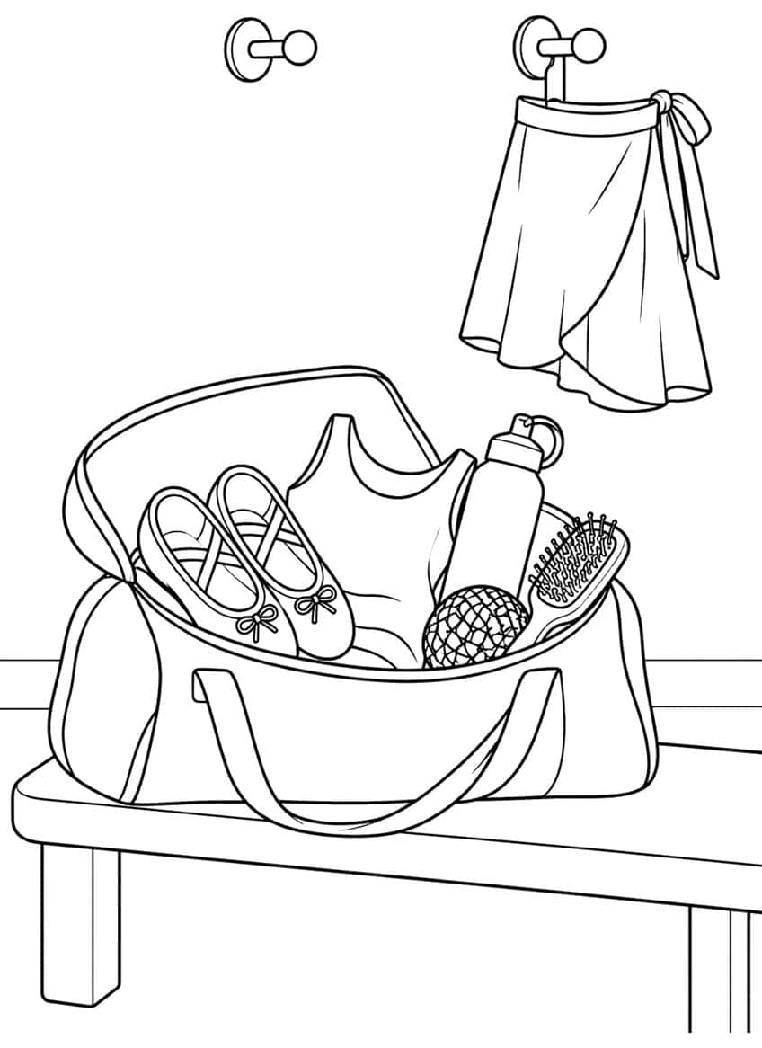 Open dance bag on a bench with ballet slippers, leotard, water bottle, brush, hairnet and a wrap skirt on a hook