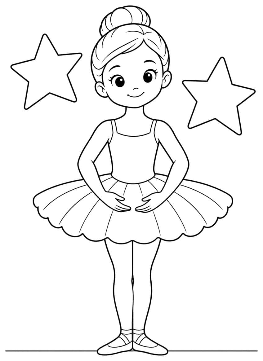 Smiling ballerina with hair bun, scalloped tutu and ballet slippers, flanked by two large stars