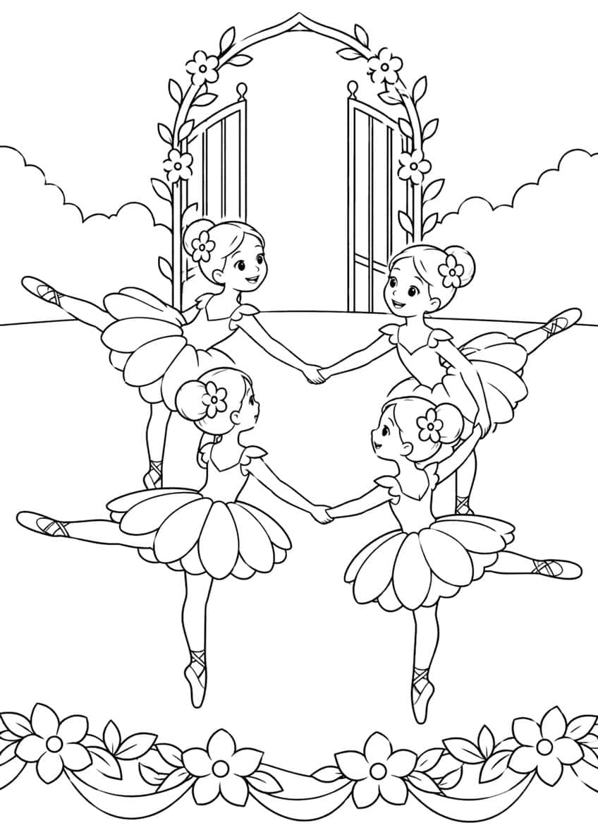 Four ballerinas holding hands in a circle in front of a flower-covered garden gate, with a flower border below
