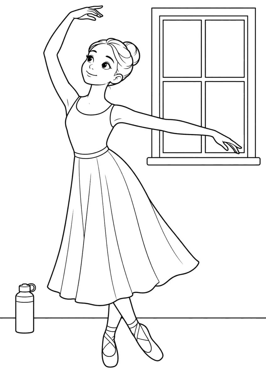 Ballerina with bun, raised arm and long skirt in pointe shoes, beside a four-pane window and a water bottle
