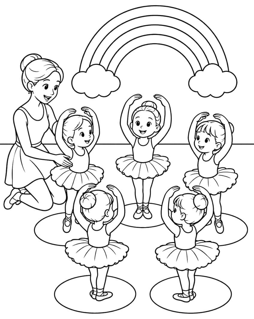 Kneeling ballet teacher, five girls in tutus with arms raised, oval floor spots and a rainbow on two clouds