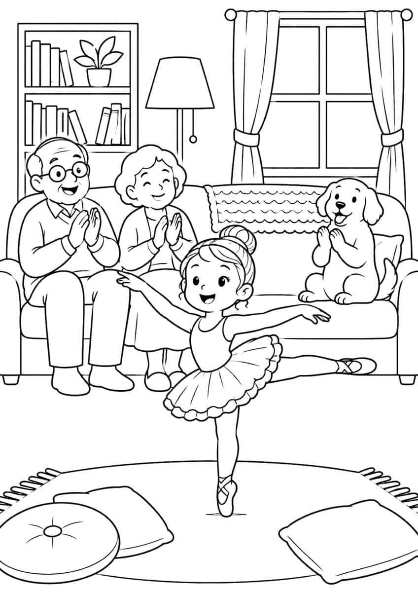 Girl dancing in a tutu on a rug, watched by grandparents and a puppy on a sofa