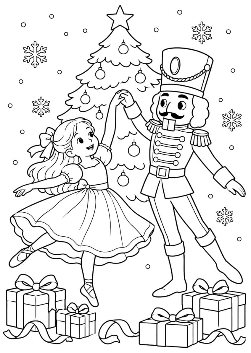 Ballerina dancing with a nutcracker soldier by a Christmas tree, gift boxes and snowflakes
