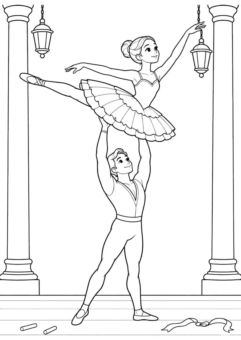 Male dancer lifting a ballerina in arabesque, with two columns, two lanterns, a ribbon and chalk