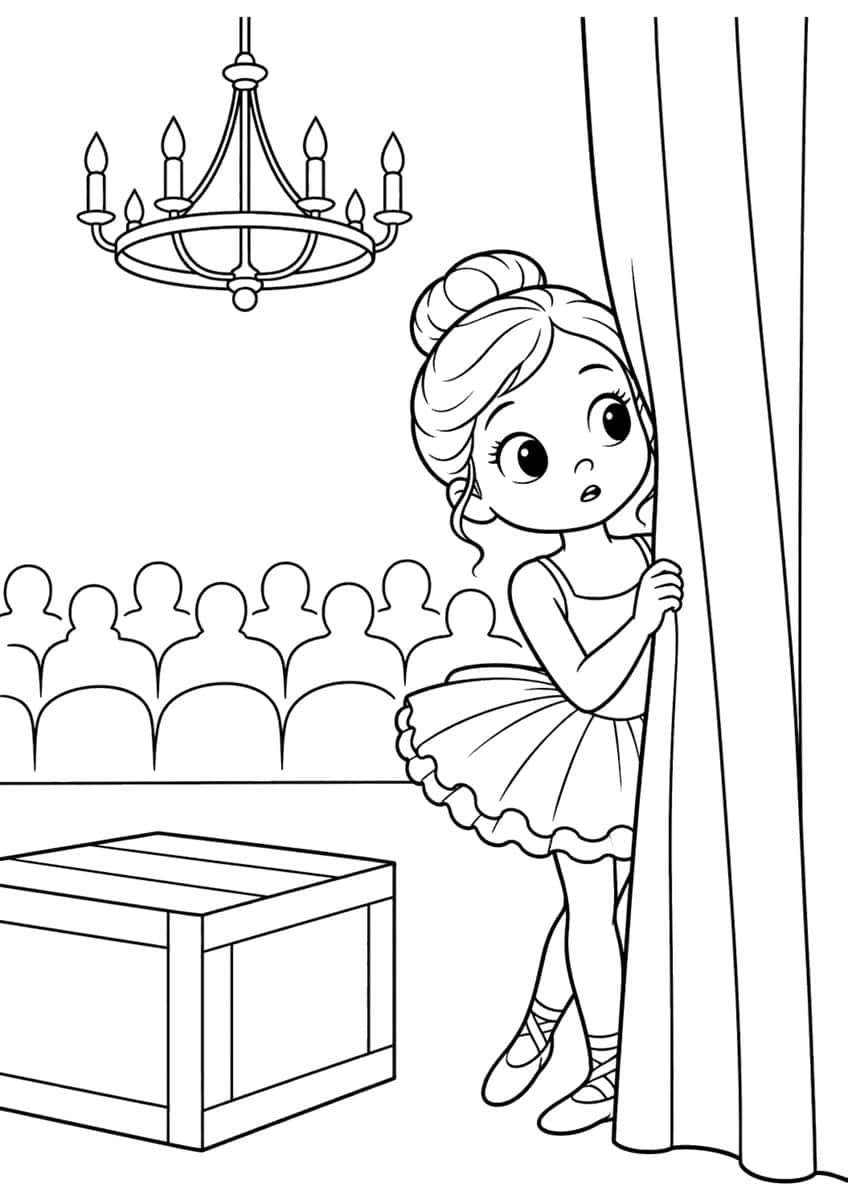 Ballerina with a bun peeking around a curtain, audience silhouettes, candle chandelier and wooden crate
