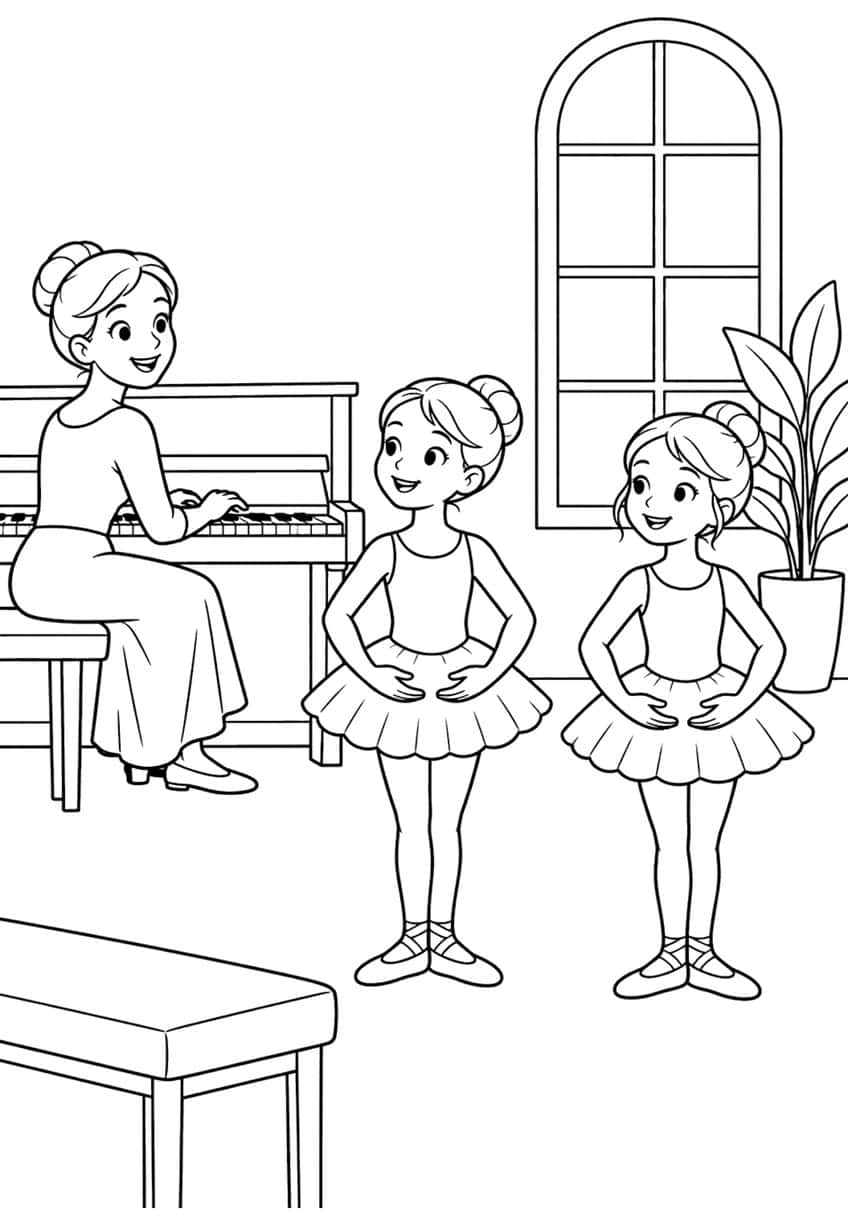 Woman at an upright piano, two girls in tutus, arched window, potted plant and bench