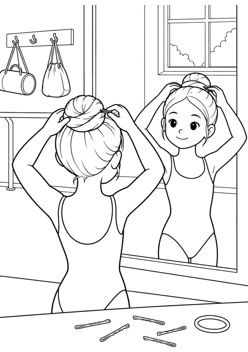 Ballerina from behind pinning her bun, mirror reflection, hanging bags, bobby pins and hair tie