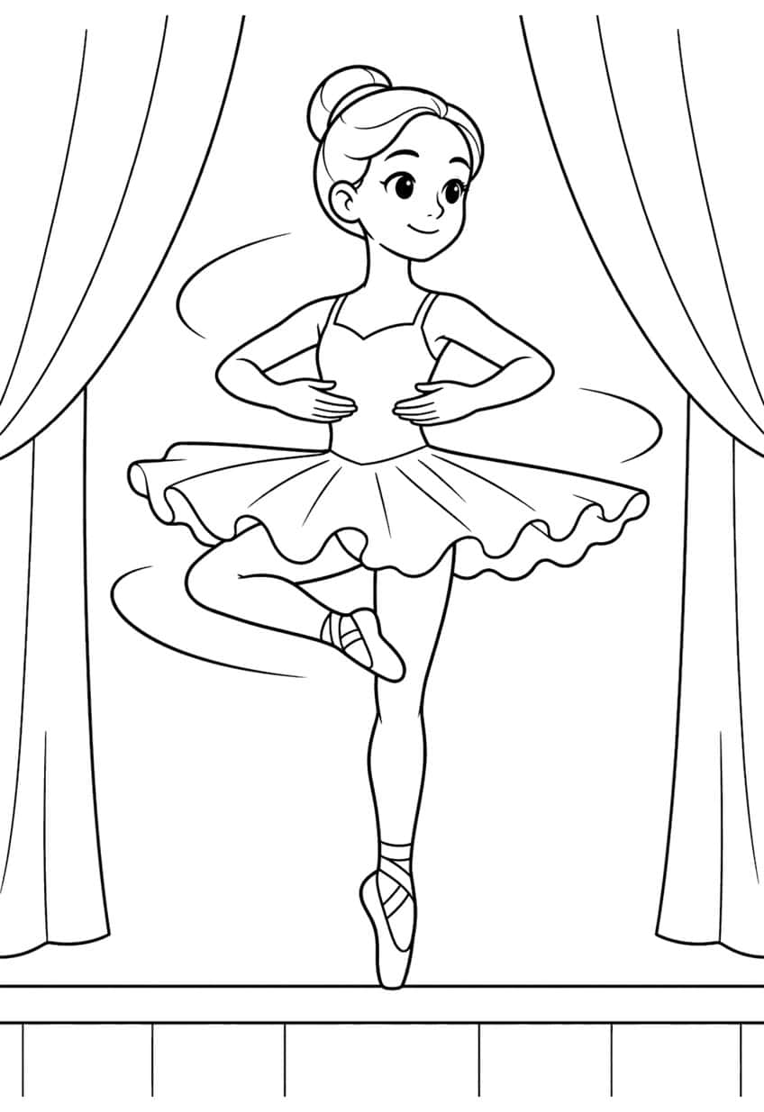 Ballerina spinning on pointe with swoosh lines, ruffled tutu, hair bun, stage curtains and stage floor