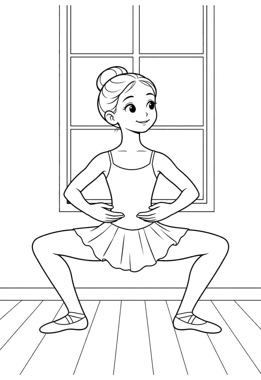 Smiling ballerina in a plié with a bun, skirt and slippers in front of a six-pane window on a plank floor