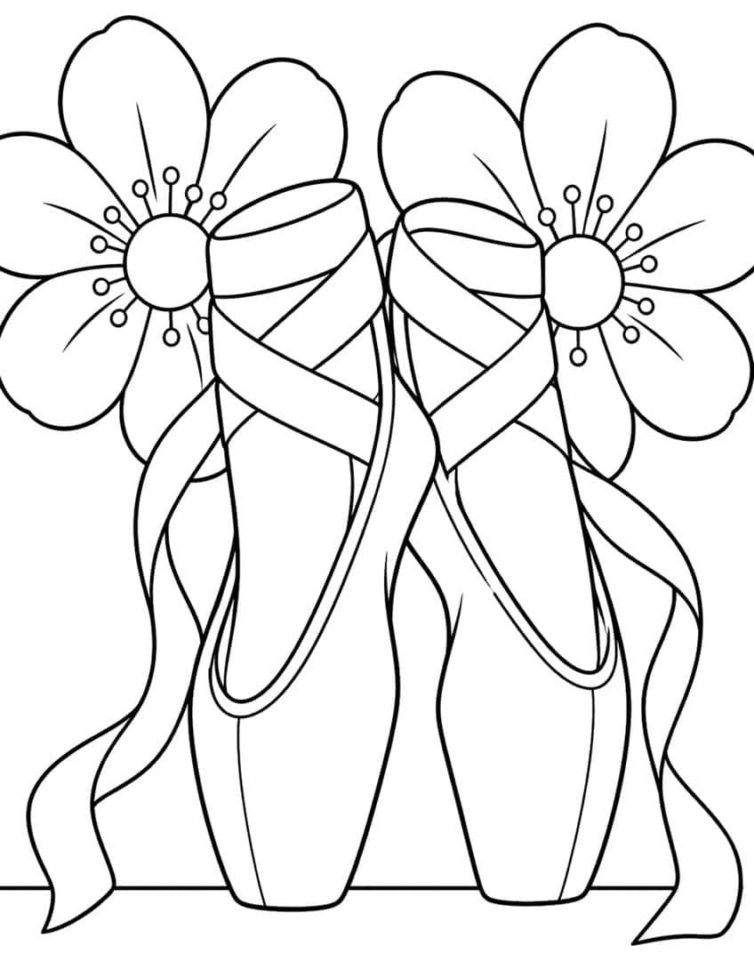 Pair of pointe shoes with crossed ribbons and two large five-petal flowers behind them