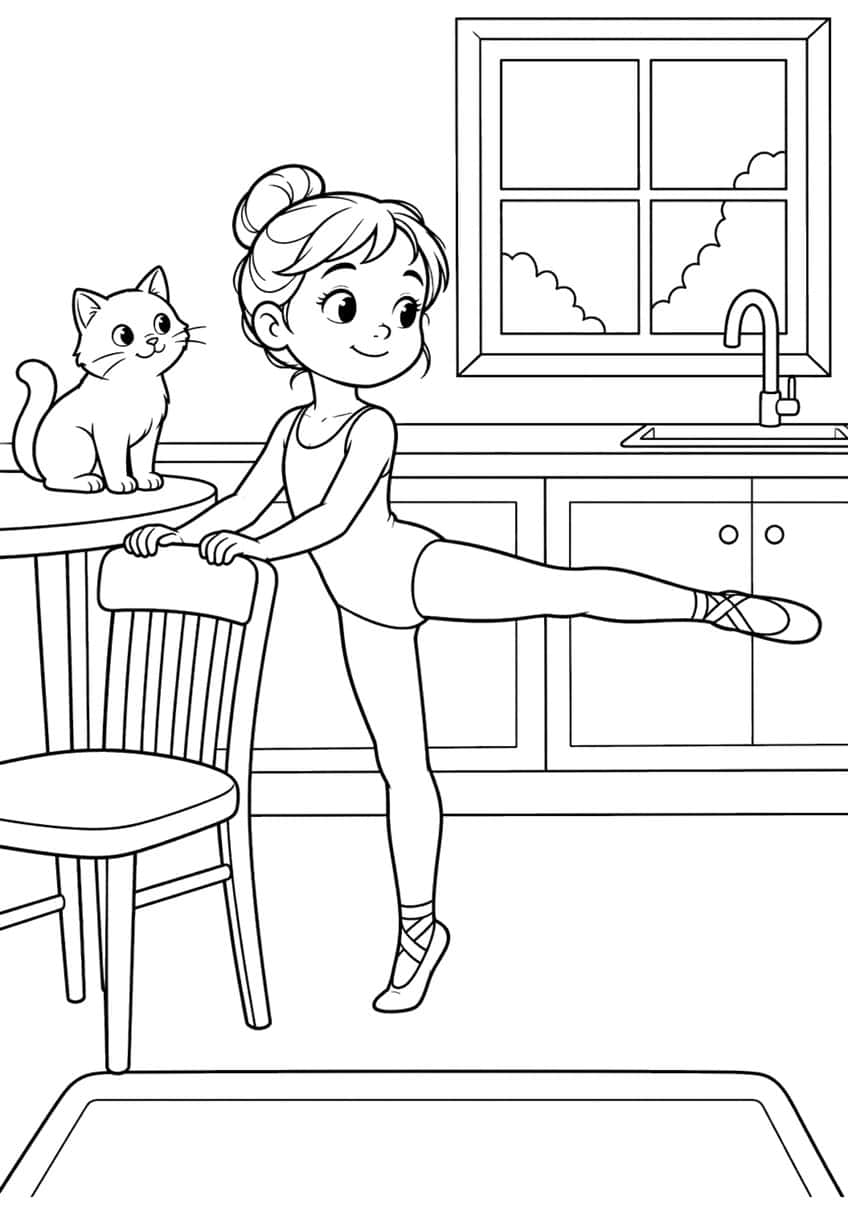 Girl in leotard lifting a leg at a chair, kitten on a table, kitchen window, sink and cupboards