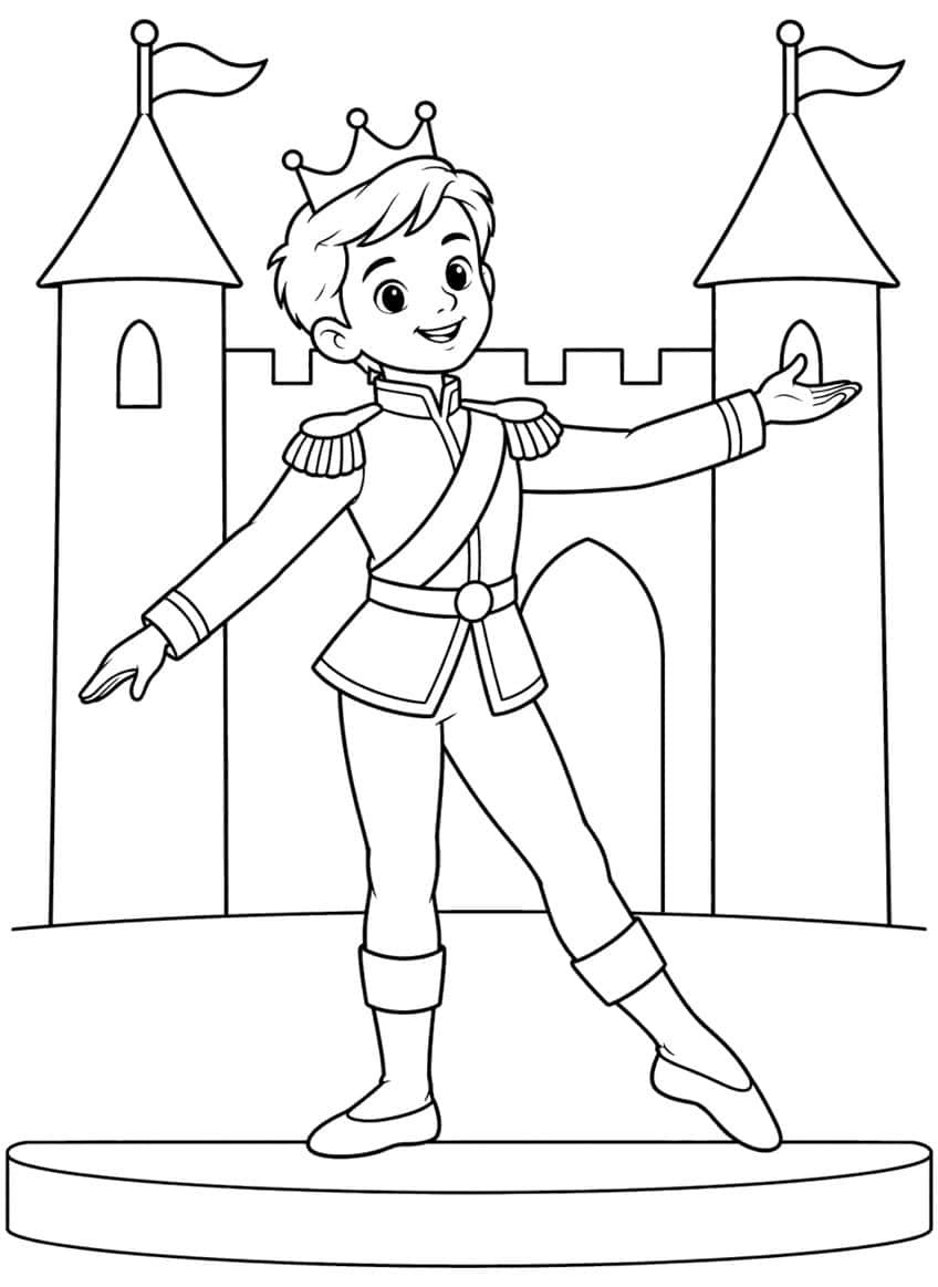 Boy prince in crown and sashed jacket dancing on a round stage before a castle with two flag towers