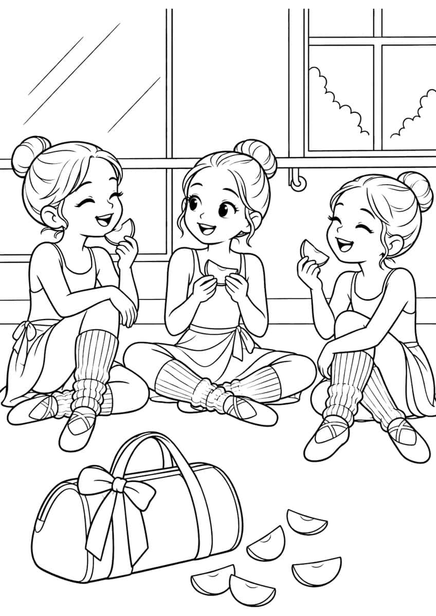 Three laughing ballerinas eating apple slices on the floor beside a bow-topped dance bag