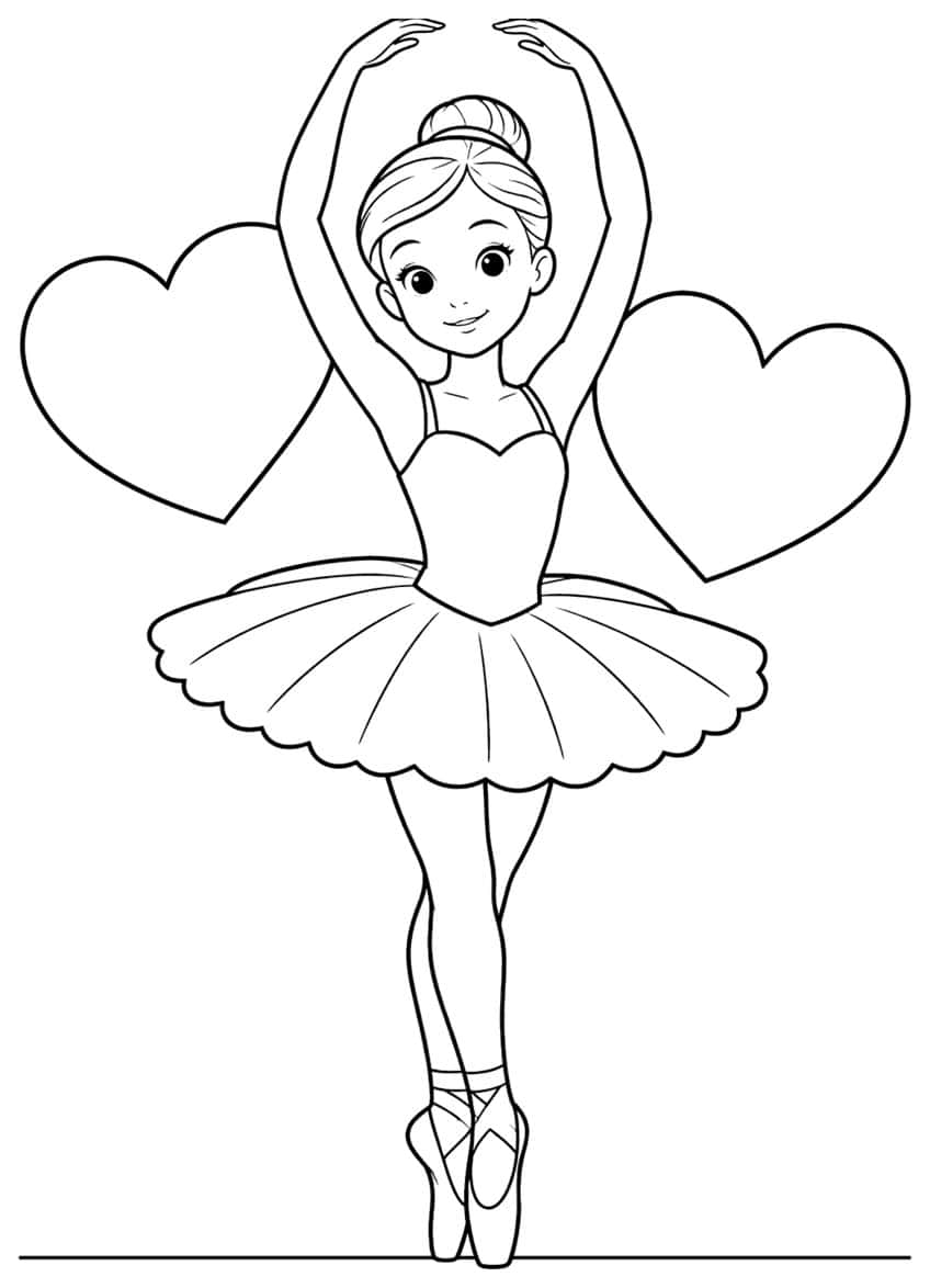 Smiling ballerina on pointe with arms overhead, scalloped tutu, and two large hearts behind her