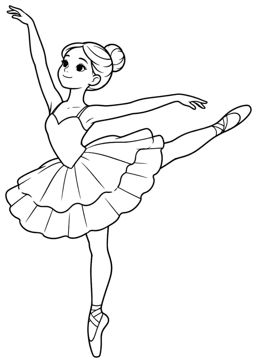 Smiling ballerina on pointe with raised arm, extended leg, bun, heart bodice and tiered tutu