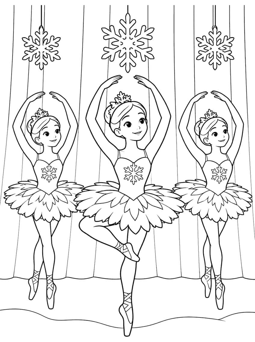 Three ballerinas in snowflake tutus and tiaras dancing on pointe under hanging snowflakes