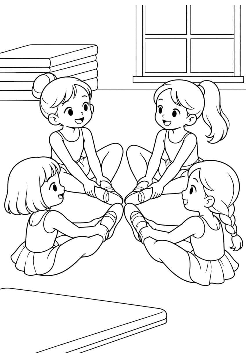 Four girls in leotards sitting in a circle stretching toward their ballet shoes, with a mat stack and window
