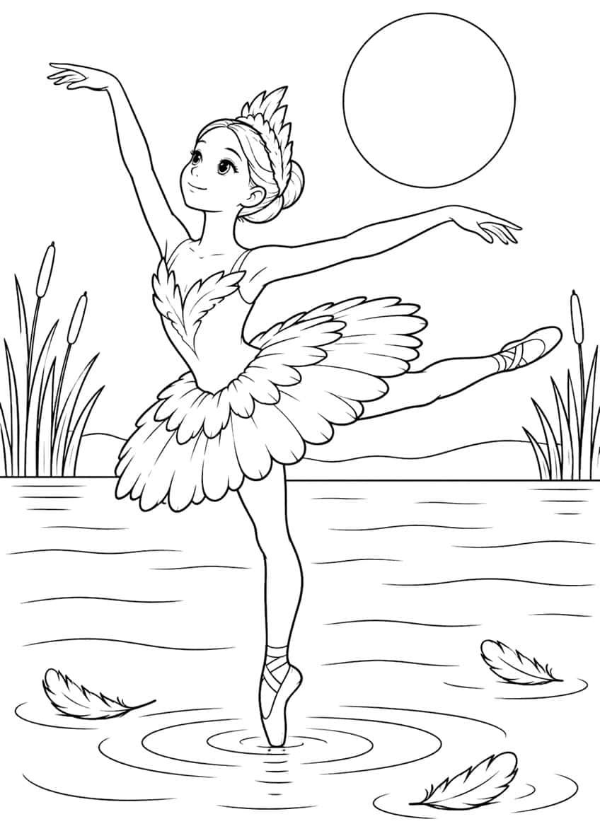 Ballerina in feather tutu on pointe in a lake with moon, cattails and floating feathers